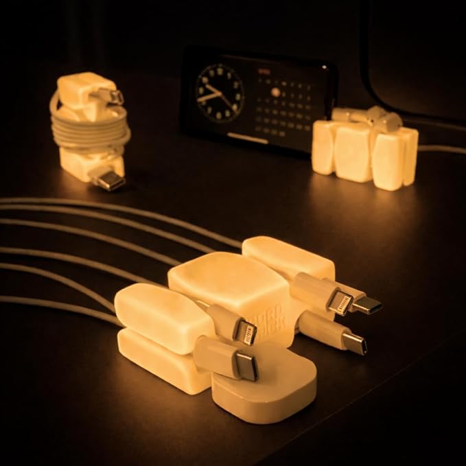 GlowBrick Stocking Stuffers for Adults Cord Management Weighted Cord Holder Cable Wrap Phone Stand - Glow-in-The-Dark Gadget Organizer for Nightstand. Gift for Men, Silicone. 2pk Glowing Orange