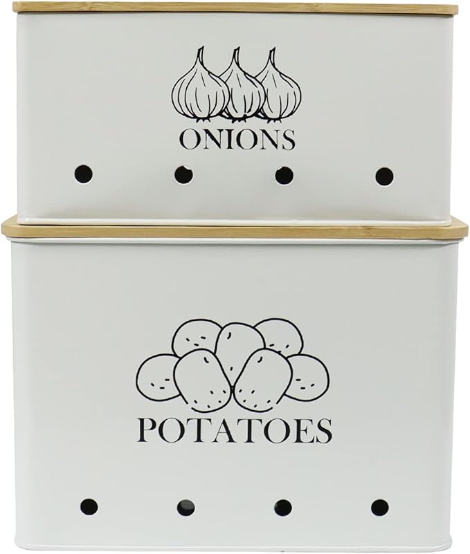 Potato Onion Kitchen Storage Canisters,Storage Bin For Kitchen 2 Pack Set,potatoe, Potato Storage Box，storage And Long Shelf Life With Aerating Tin Storage Holes-white
