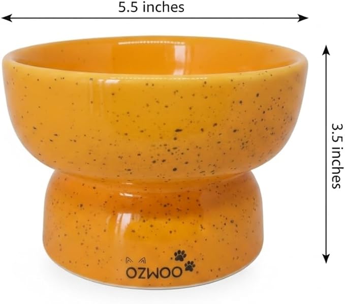 Ceramic Cat Bowls - Elevated cat Bowl, Anti-Vomiting, Whisker Friendly Raised Cat Bowl, Easy to Clean, Non-Slip, Suitable for Small Dogs - Pack of 2 (White-Beige, Orange-Yellow) (Yellow-Orange)