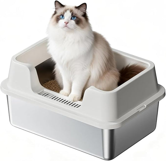 Enclosed Stainless Steel Cat Litter Box with Lid Extra Large Litter Box for Big Cats XL Metal Litter Pan Tray with High Wall Sides Enclosure, Non-Sticky, Anti-Leakage, Easy Cleaning
