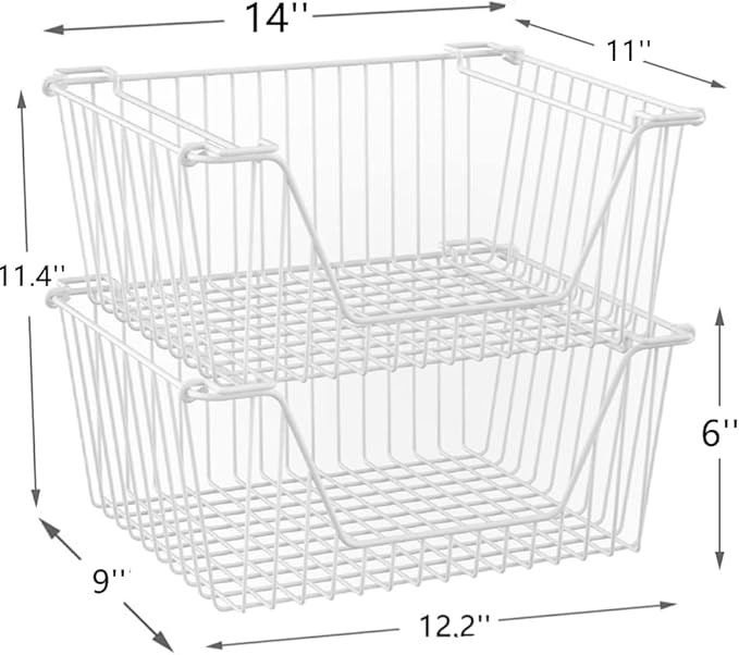 Stackable Wire Metal Baskets Large Capacity Kitchen Freezer Bins for Pantry Cabinet Fruit Vegetable Snacks Organization, White, Set of 4