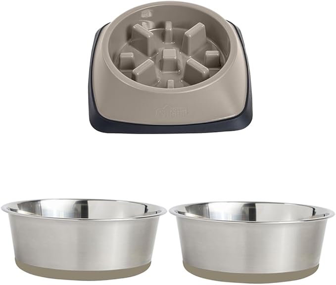 Gorilla Grip 2 Cup Slow Feeder Cat and Dog Bowl Set, 2 Cup Heavy Duty Stainless Steel Dog Bowl, Both Beige, 2 Item Bundle