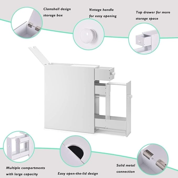 White Slim Bathroom Cabinet Toilet Paper Storage, 18.89”D X 22.83”H X 6.69”W Free Standing Under Sink And Slide Out Drawer Organizer - Narrow Cabinets Shelves For Pantry, Kitchen
