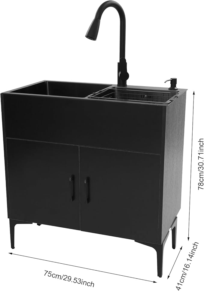 30-Inch Laundry Sink with Cabinet and Pull-Out Sprayer Faucet, Freestanding Kitchen Sink Cabinet with Stainless Steel Sink & Draining Basket, Wash Station Tub for Laundry & Bathroom, Kitchen