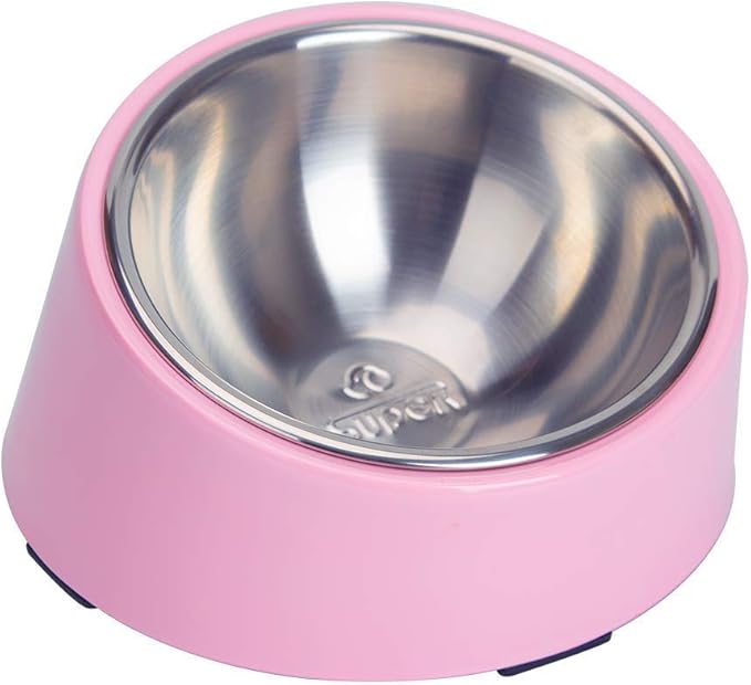 SuperDesign Mess Free 15° Slanted Bowl for Dogs and Cats, Tilted Angle Bulldog Bowl Dog Feeder, Non-Skid & Non-Spill, Easier to Reach Food S/0.5 Cup Pink