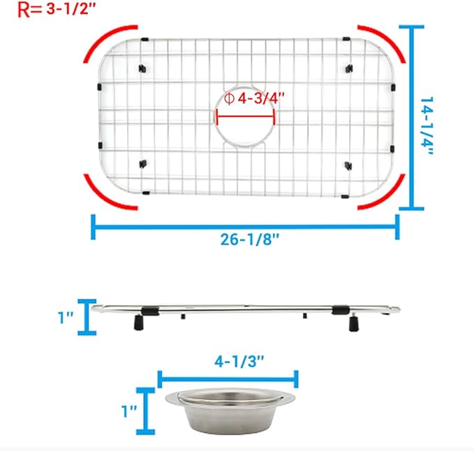 Kitchen Sink Grid 26-1/8"x14-1/4 - Heavy Duty Kitchen Sink Protector with Built-in Strainer & Center Drain, Non-Slip Rubber Feet & Scratch Resistant Bottom Guard