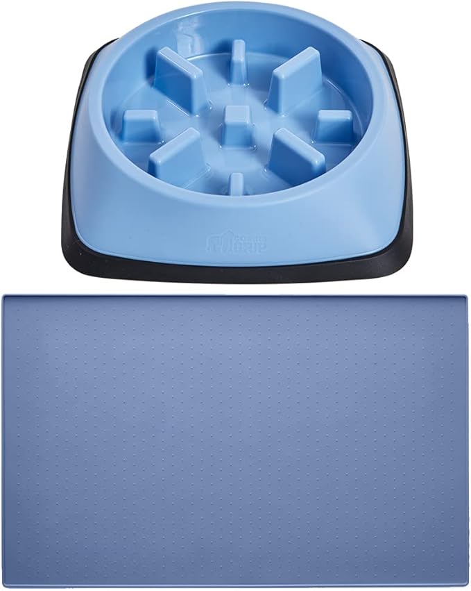 Gorilla Grip Slow Feeder Dog Bowl and Pet Feeding Mat, 2 Cups Dogs Pet Bowls Slip Resistant, Dog Food Mats Size 18.5x11.5 Waterproof Placemats, Both in Light Blue Color, 2 Item Bundle