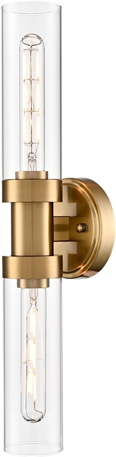 Modern Gold Wall Sconce with Clear Glass Shade 2-Light Bathroom Vanity Lights 20-Inch Brass Glass Wall Light Fixtures for Hallway Staircase Living Room