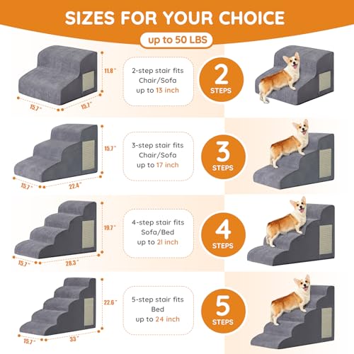 Dog Stairs for Small Dogs 19.7" H, Dog Ramp for Bed, 4-Step, Grey - Image 3