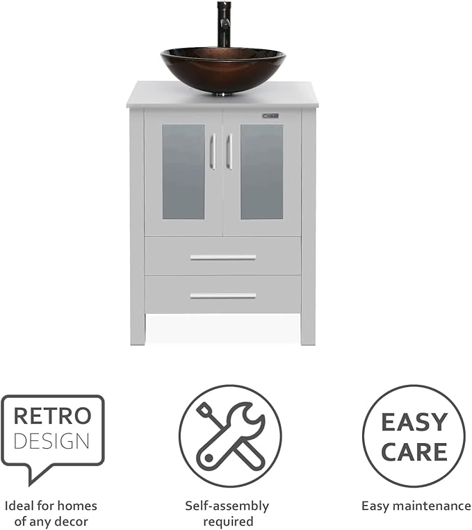 eclife 24" Modern Bathroom Vanity Sink Combo Freestanding Cabinet with Soft Closing Door, Brown Round Glass Vessel Sink, Water Save Faucet, Drain (Gray+A09)