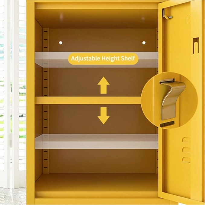 Single Door Lockable Metal End Table, 2-Tier Storage Cabinet with Adjustable Shelf, Easy Assembly Side Table for Living Room Bedroom Home Office, Yellow 28" H x 13.8" W x 15" D
