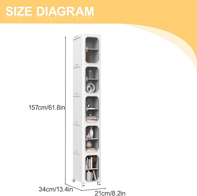 Slim Tall Bathroom Cabinet, Narrow Bathroom Organizer with Doors and Shelves, Movable Skinny Organization for Small Spaces (White, 61.8"x13.39"x8.27")