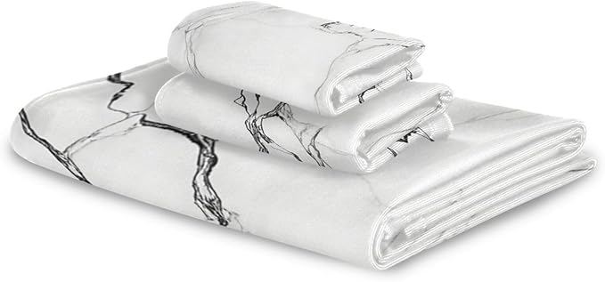 Pfrewn Marble White Towels Set of 3 Marbling Texture Art Bathroom Towel Soft Absorbent Bath Hand Towels Washcloth Guest Towel Sets Bathroom Decorations