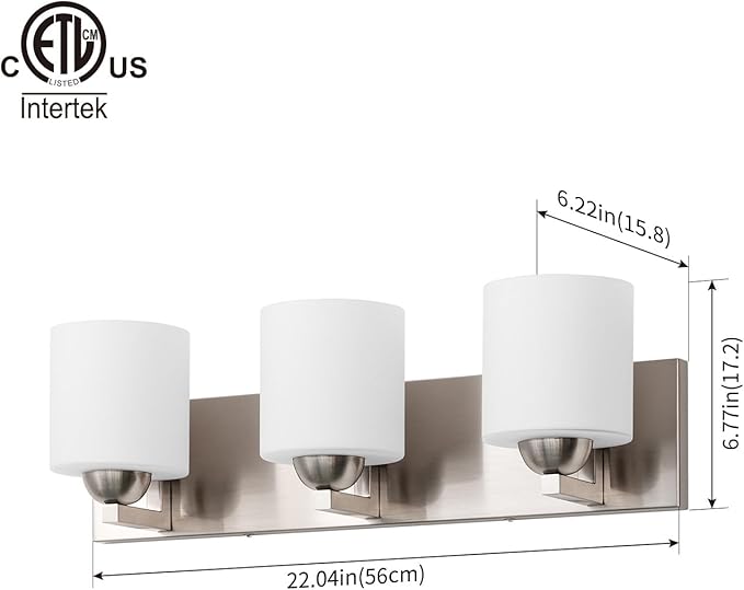 mirrea 22-inch 3-Light Brushed Nickel Vanity Light Fixture for Mirror, Bathroom Wall Sconce with Frosted White Glass Shades