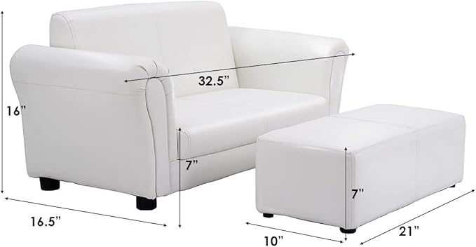 Costzon Kids Couch with Footstool, 2 in 1 Double Seat Children's Sofa w/PU Leather Surface, Armrest Chair Lounge, Soft Sofa for Preschool Bedroom Kids Room Toddlers Boys Girls Birthday (White)