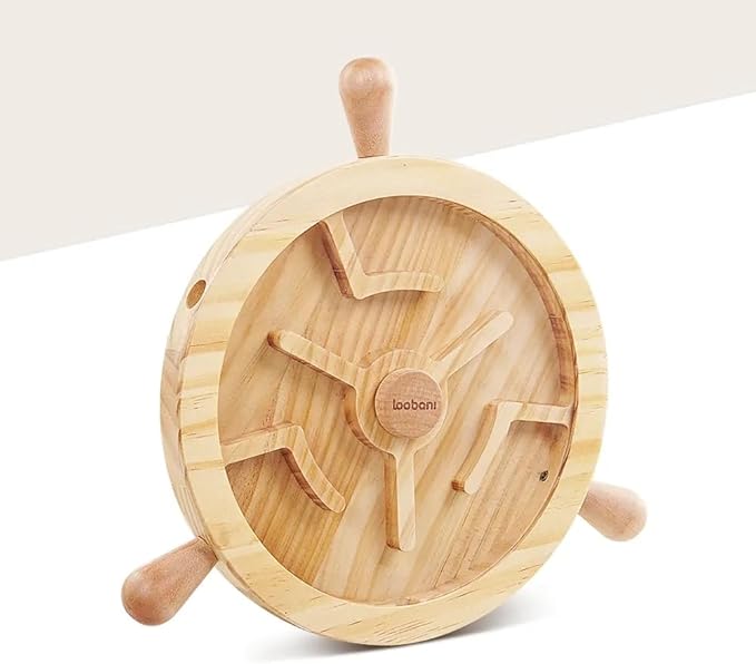 Pirate Ship Wheel Puzzle Toy for Dogs | Interactive Wooden Treat Dispenser Toy | Dog Slow Feeder for Healthy Eating - for Medium/Large Dogs