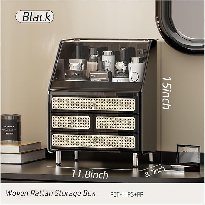 Large Cosmetic Storage Box Dustproof And Waterproof. Display Case with Drawers Countertop Vanity Organizer for Skincare, Lipsticks, Perfume – Bathroom Cosmetic Storage Display Box (Black)