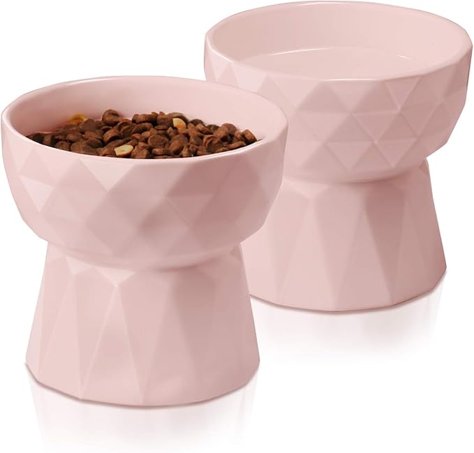 Frewinky Cat Bowls,Ceramic Cat Bowls Anti Vomiting,Raised Food and Water Bowl Set for Cats and Small Dogs,13.5 Oz,Pink