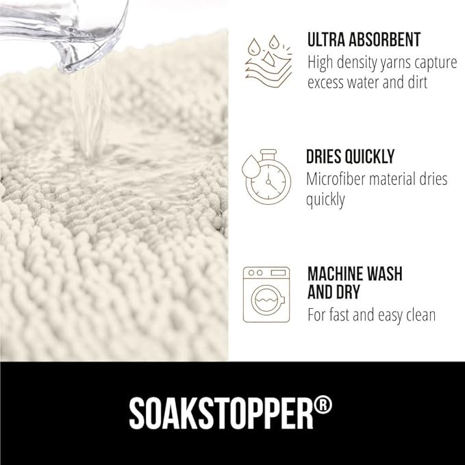 GORILLA GRIP SoakSTOPPER Dog Door Mat, 36x24 Machine Washable Rug Absorbent Doormat Captures Moisture Mud Dirt, Quick Dry Soft Chenille Entryway Rugs Indoor Entrance Mats for Dog Paws, Cream