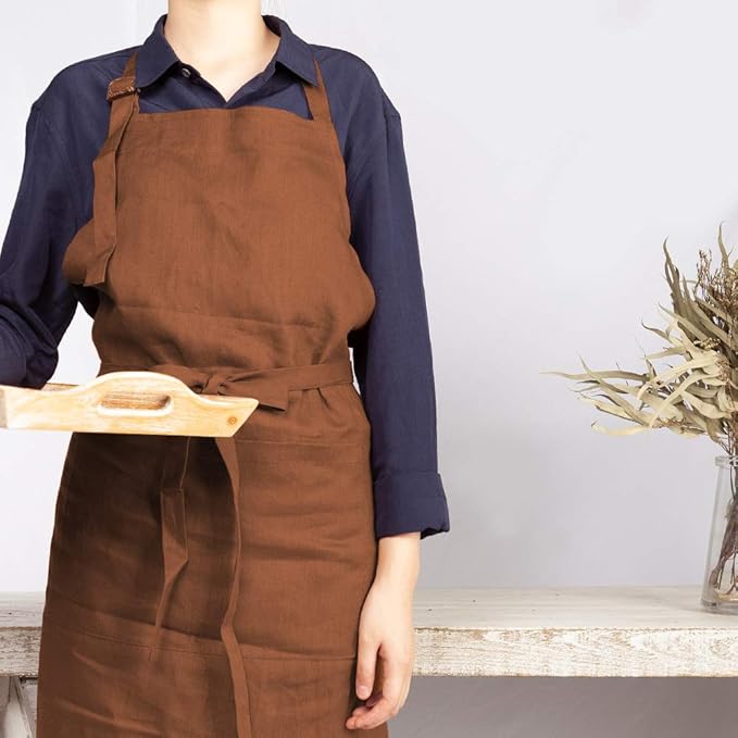 ATLINIA 100% Linen Apron with Buttons Adjustable Bib Apron with Pockets Linen Half Apron Bistro Apron
