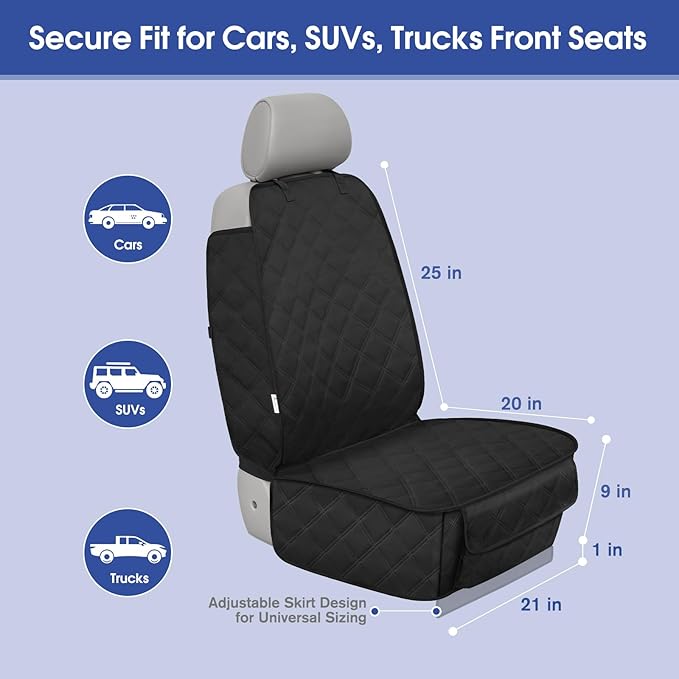 Front Seat Cover with Side Flaps - Waterproof, Durable Captain Seat Protector for Dogs & Humans, Protects from Dirt, Fur, Scratches, Fits Cars, SUVs, Trucks, Minivans(2-Pack)