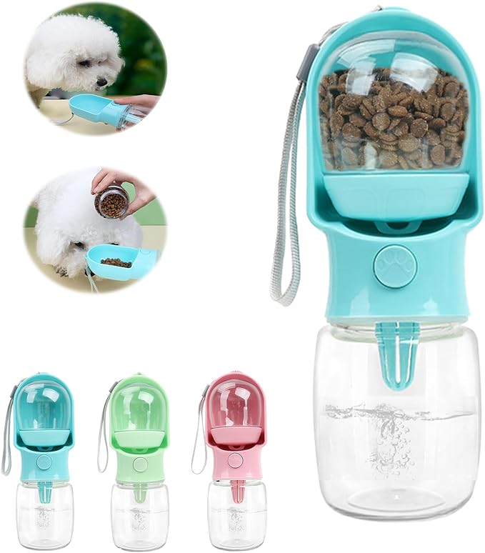 11oz Portable Dog Water Bottle with 6oz Food Container - Leakproof Travel Dispenser for Cats, Dogs & Service Animals, Dog Walking Accessories-Blue