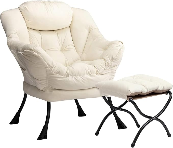 HollyHOME Lazy Chair with Foldable Ottoman, Accent Comfy Lounge Armchair and Folding Footrest Stool, Leisure Sofa Reading Chair and Footstool for Living Room, Bedroom, Dorm,Velvet Beige
