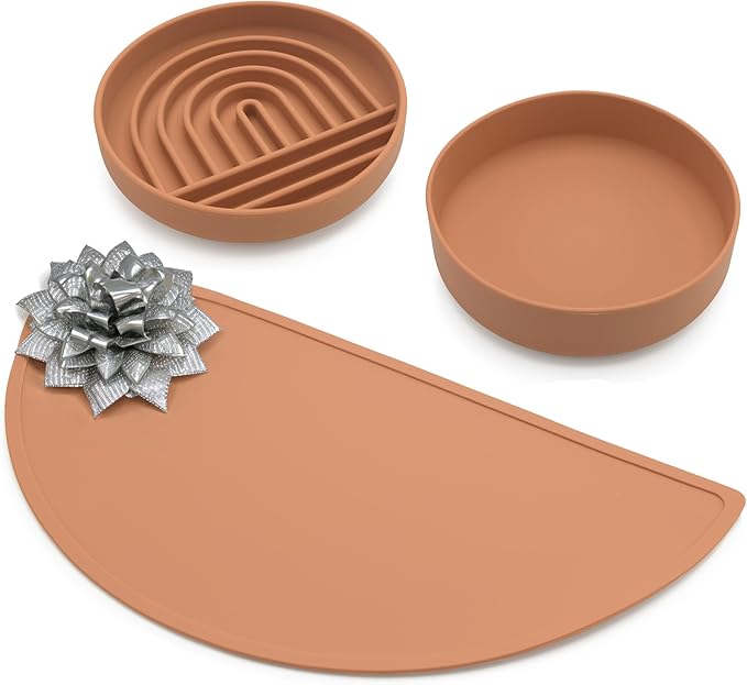 Should We Go? Silicone Pet Feeding Set - Slow Feeder Bowl, Waterproof Mat & No-Spill Water Bowl, Non-Slip, Easy-to-Clean, Durable, Large-Terracotta for Dogs & Cats