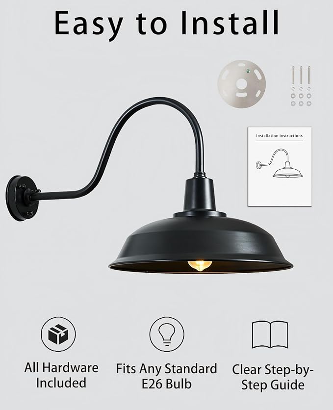 18 Inch Gooseneck Barn Light Outdoor, Large Matte Black Industrial Farmhouse Wall Light for Garage and Patio, ETL Listed, Weather-Resistant, E26 Base