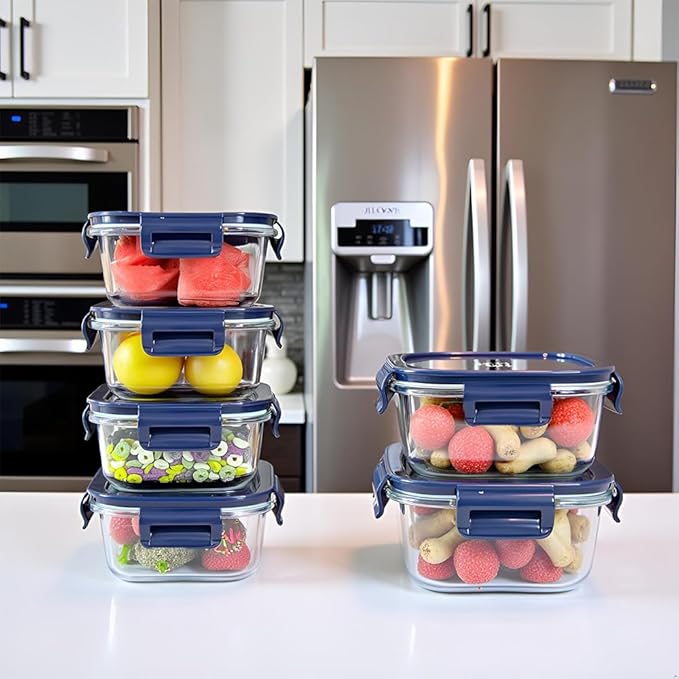 4PC Square Glass Containers With Lids (Dark Blue)