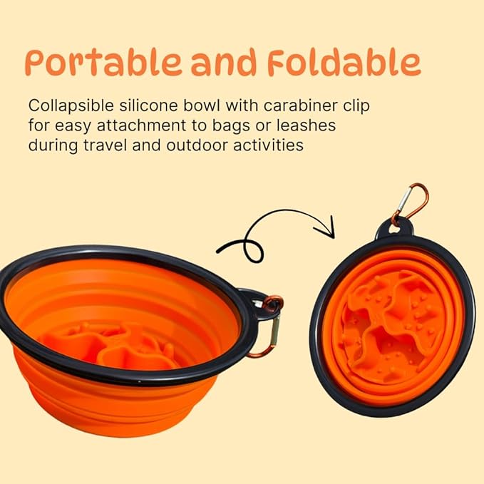 Collapsible Cat Bowl, Maze Design Pet Puzzle Feeder, 650ml Dog Slow Feeding Bowls, Dog Slow Feeding Bowl with Carabiner Portable BPA-Free Silicone Pet Bowls for Hiking, Travel, Camping - Color Orange