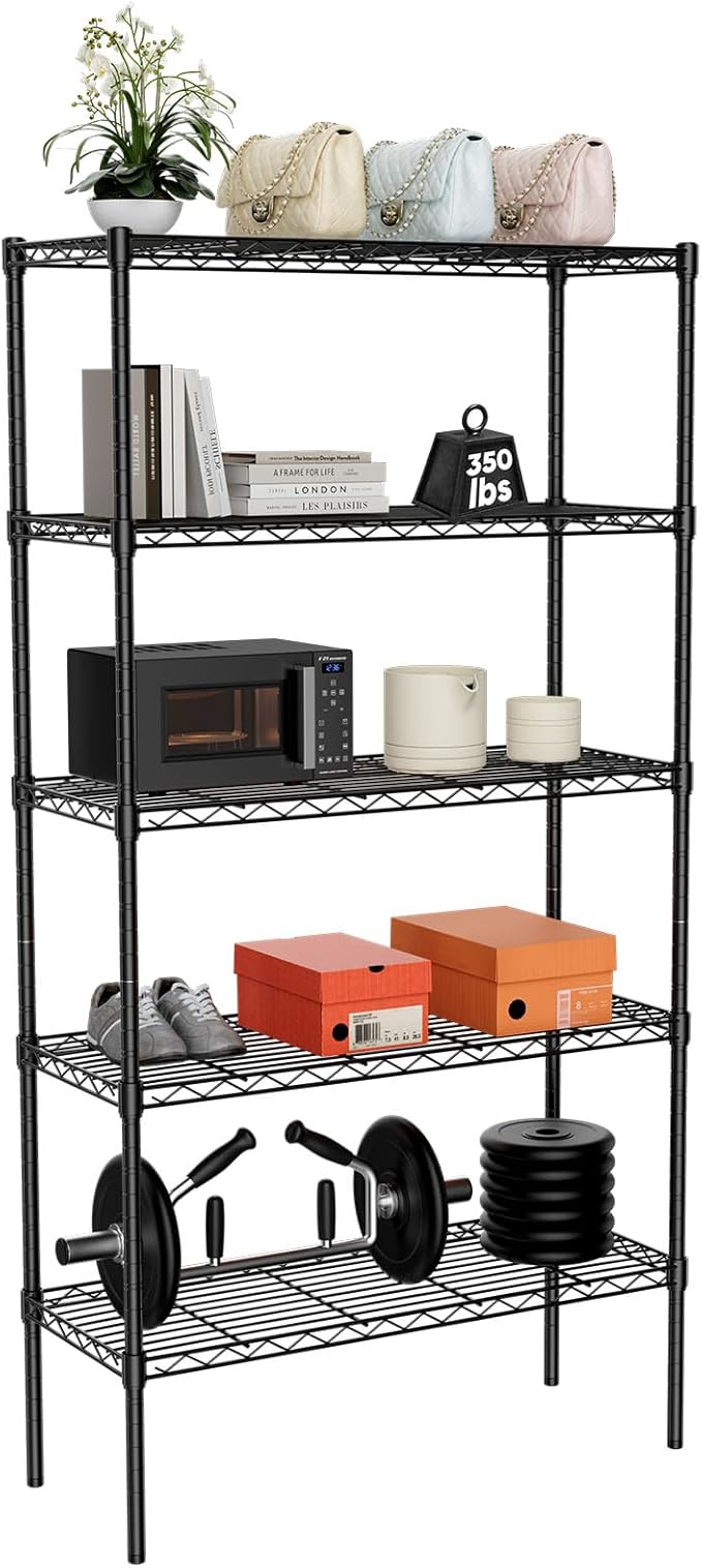 5-Wire Shelving Metal Storage Rack, Adjustable Steel Wire Racks, Heavy Duty Standing Shelf Organizer for Kitchen, Closet, Pantry, Garage, Laundry, Bathroom, Black