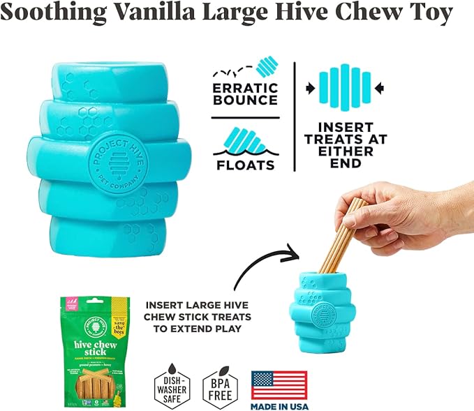 PROJECT HIVE ·PET COMPANY· - Soothing Vanilla Scented - Hive Chew Toy for Large Dogs - Dog Chew Toy for Large Breeds - Floats in Water - Durable and Tough - Made in The USA