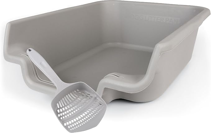 KittyGoHere Senior Cat Litter Box, Jumbo Litter pan with Long-Handle Jumbo Scoop, Open Top Low Entrance Kitty Litter Box, Lightweight Low Entry Litters Box, Durable, Made in USA (Misty Gray)