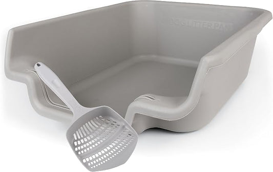 KittyGoHere Senior Cat Litter Box, Jumbo Litter pan with Long-Handle Jumbo Scoop, Open Top Low Entrance Kitty Litter Box, Lightweight Low Entry Litters Box, Durable, Made in USA (Misty Gray)