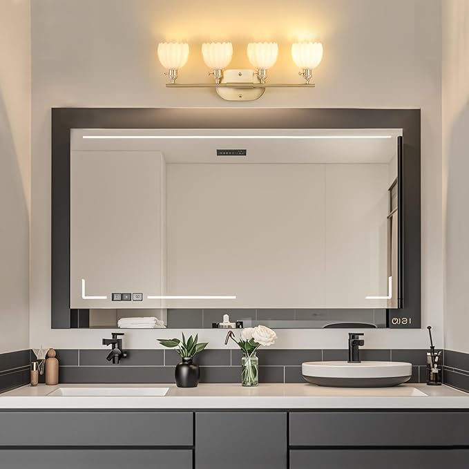 Bathroom Light Fixtures, 4-Light Brass Vanity Wall Light Over Mirror with White Tulip Glass Shade for Bedroom Living Room (Bulb Not Included)