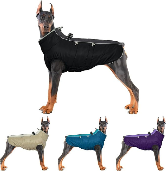 IDOMIK Warm Dog Coat with Harness, Waterproof Reflective Dog Jackets for Small Medium Large Dogs, Fleece High Collar Winter Jacket with Zipper, Pet Winter Snowsuit Clothes for Cold Weather,Black 3XL