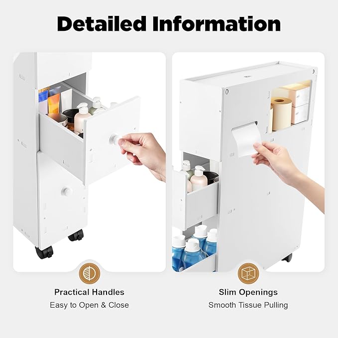 Slim Bathroom Floor Cabinet, Narrow Bathroom Storage Cabinet Plastic Storage Drawers Free Standing Cabinet Rolling Toilet Paper Holder with Slide Out Drawers Thin Toilet Cabinet w/Wheel