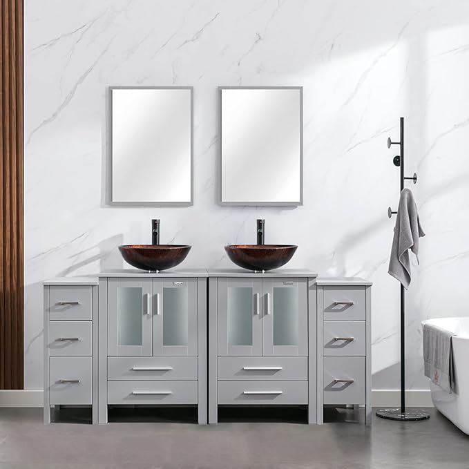 eclife 72" Modern Bathroom Vanity Sink Combo Freestanding Cabinet with Small Side Cabinet, Brown Round Glass Vessel Sink, Water Save Faucet, Drain (Gray+A09)