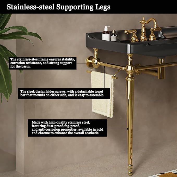 36" Bathroom Console Sink, Wall-Mounted Black Ceramic Vanity Basin with 3 Pre-drilled Faucet Holes, Freestanding Gold Stainless Steel Support Legs with Towel Bar, No Faucet - Rome, Black