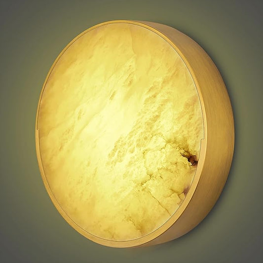 Round Antique Alabaster Wall Sconce, Natural Marble Wall Lighting Dimmable, LED Alabaster Wall Lamp for Living Room, Stair, Bedroom, Hallway, Bedside