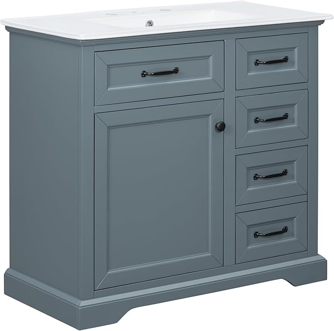 Christopher Knight Home Meril Bathroom Vanity with Ceramic Sink, Wooden Bathroom Storage Cabinet, Pedestal Sink Storage Cabinet, Bathoom Vanity Organizer, Adjustable Door Shelves+Drawer, Blue Gray