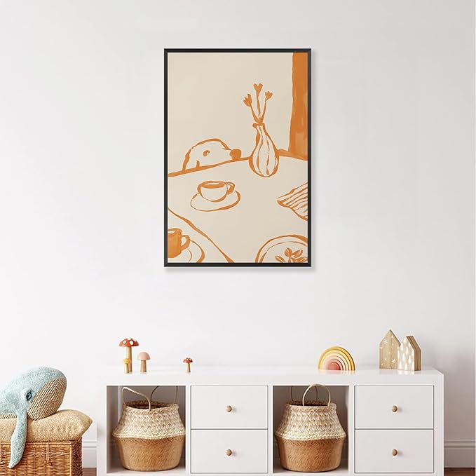 Cute Sneaky Dog Kitchen Poster Scandi Breakfast Coffee Canvas Wall Art Whimsical Abstract Animal Sketch Aesthetic Prints Painting For Living Room Kitchen Dining Room Wall Decor 12x16in Framed