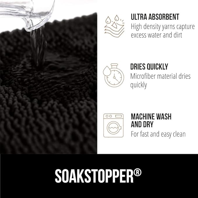 GORILLA GRIP SoakSTOPPER Dog Door Mat, 30x20 Machine Washable Rug Absorbent Doormat Captures Moisture Mud Dirt, Quick Dry Soft Chenille Entryway Rugs Indoor Entrance Mats for Dog Paws, Black