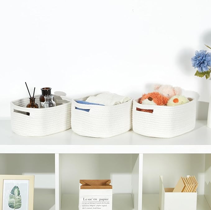 Bidtakay Small Cotton Rope Storage Baskets for Organizing 3 Pack Woven Baskets for Storage Closet Organizer Bins for Shleves 11.8×7.8×5 inch Cute Boho Decorative Basket with Handles - Off White
