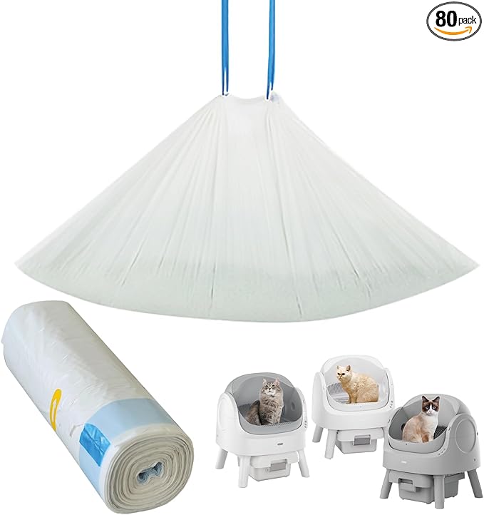 Cat Litter Box Liners for Automatic Self-Cleaning Litter Boxes, Heavy-Duty Tear-Resistant Leak-Proof Bags with Drawstring Closure, 25.6in×11.8in, FOXORU (80)