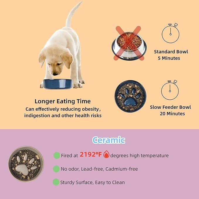 Slow Feeder Dog Bowls，Ceramic Bowl for Cats and Dogs，Dog Bowls，with Non-Slip Silicone Mat，Pet Bowl for Small Dogs and Cats，Slow Down Eating，6.2 inches Grey pet Bowl