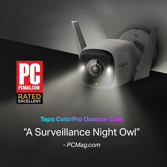 Tapo ColorPro Wi-Fi Outdoor Camera | Plug-in | Daylight Clarity at Night | 2K QHD | Person/Pet/Vehicle Detection | Local/Cloud Storage | 127° FOV | Built-in Siren C325WB