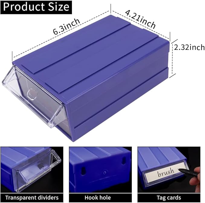 6 Pcs Drawer Stacking Storage Cabinet, Blue Plastic Drawers Storage Closet & 18 Pcs Clear Dividers Organizer Rack & 12 Pcs Tag Card for Home Office School