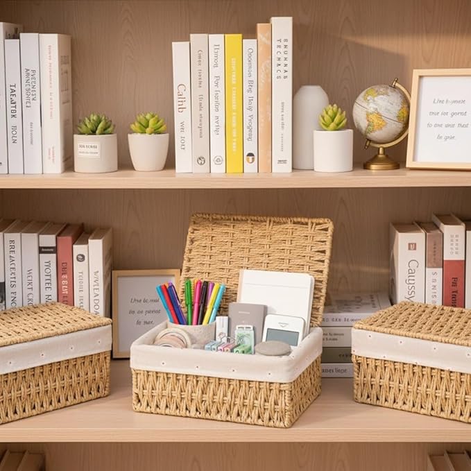 Wicker Shelf Basket with Lid Paper Storage Baskets for Shelves Medium Storage Bin with Removable Liner Nesting Decorative Woven Basket for Makeup Closet Organizer (Medium, Khaki)